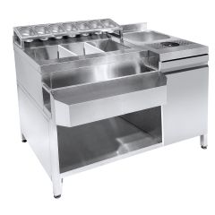 Gekoelde werkbank Cocktail Bar Station Incl. Spoelbak, Glazenspoeler, Gn-Bakken En Speedrail Voor Flessen - 134x70x87,5 cm Combisteel 7083.0035
