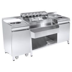 Gekoelde werkbank Cocktail Bar Station Incl. Spoelbak, Glazenspoeler, Gn-Bakken, Speedrail Voor Flessen, Snijplank En Afvalbak - 179x70x87,5 cm Combisteel 7083.0040