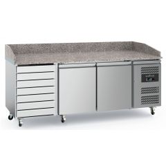 Voorbereidingstafel / Pizzatafel Pizzawerkbank 2 Deurs 7 Laden Met Wielen - 202,5x80x100 cm Combisteel 7950.5150